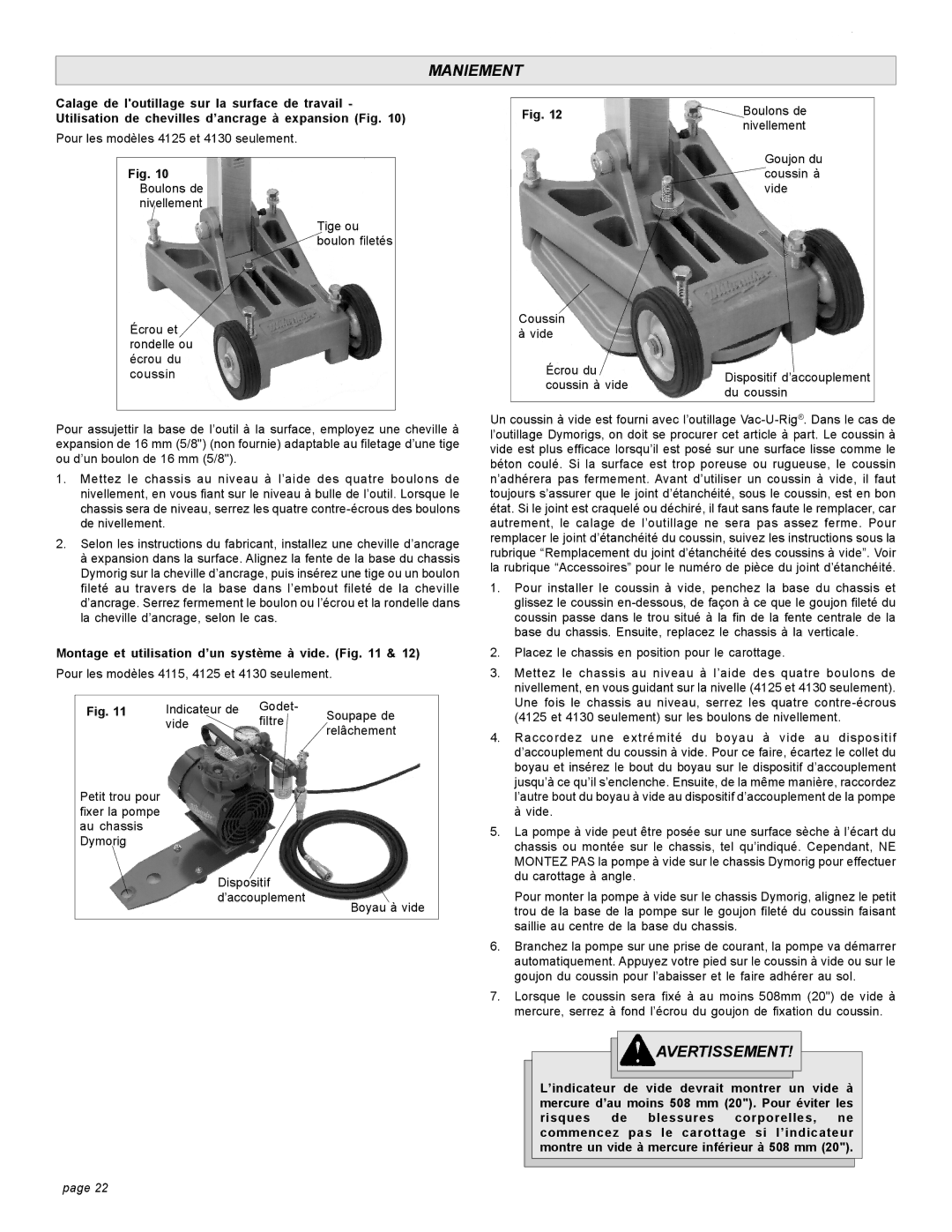 Milwaukee 4004 20A, 58-14-3005d9, 4125, 4092-20 15A, 4120, 4094 20A, 4115 Maniement, Montage et utilisation d’un système à vide 