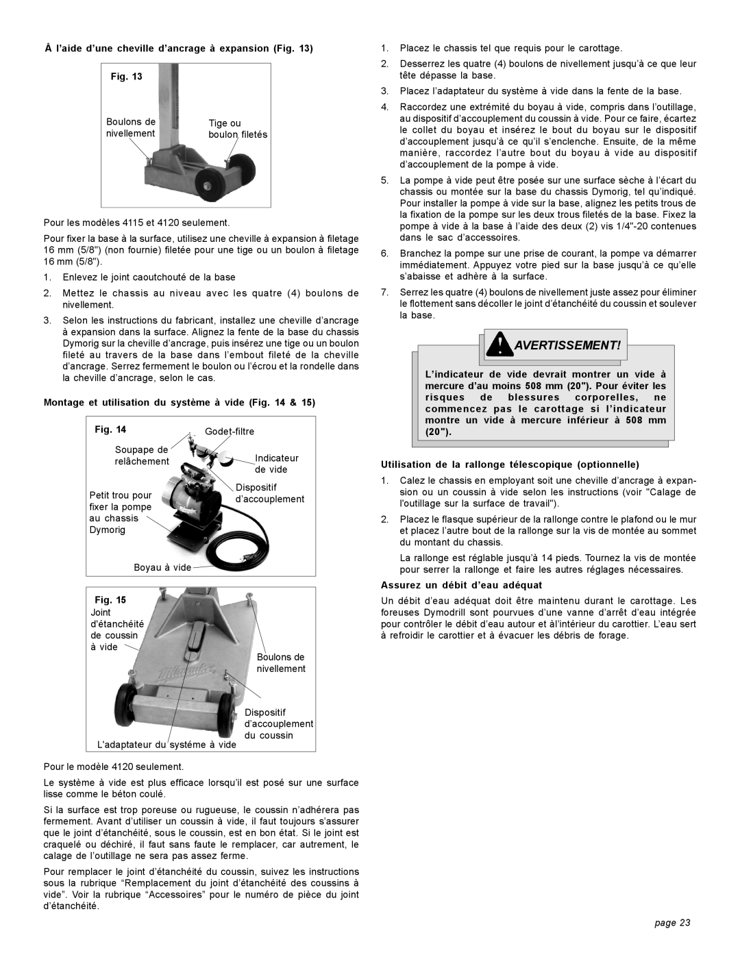 Milwaukee 4005 20A, 58-14-3005d9 ’aide d’une cheville d’ancrage à expansion Fig, Montage et utilisation du système à vide 