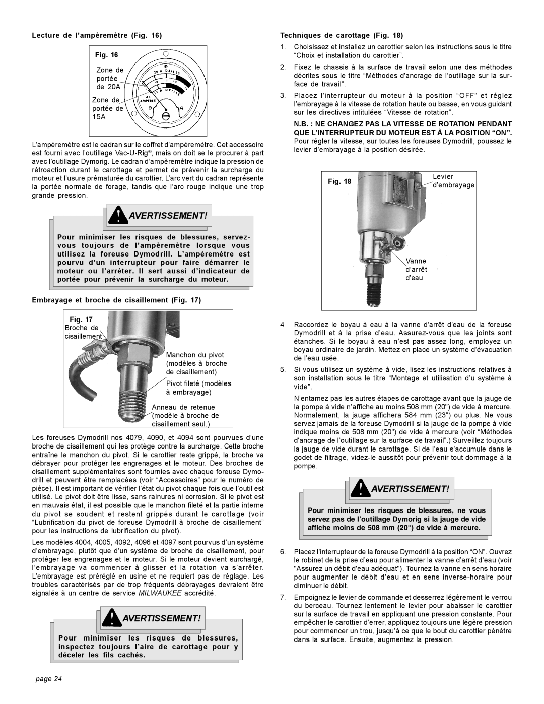 Milwaukee 4115, 58-14-3005d9, 4125, 4092-20 15A, 4120, 4094 20A, 4090 15A Lecture de l’ampèremètre Fig, Broche de cisaillement 