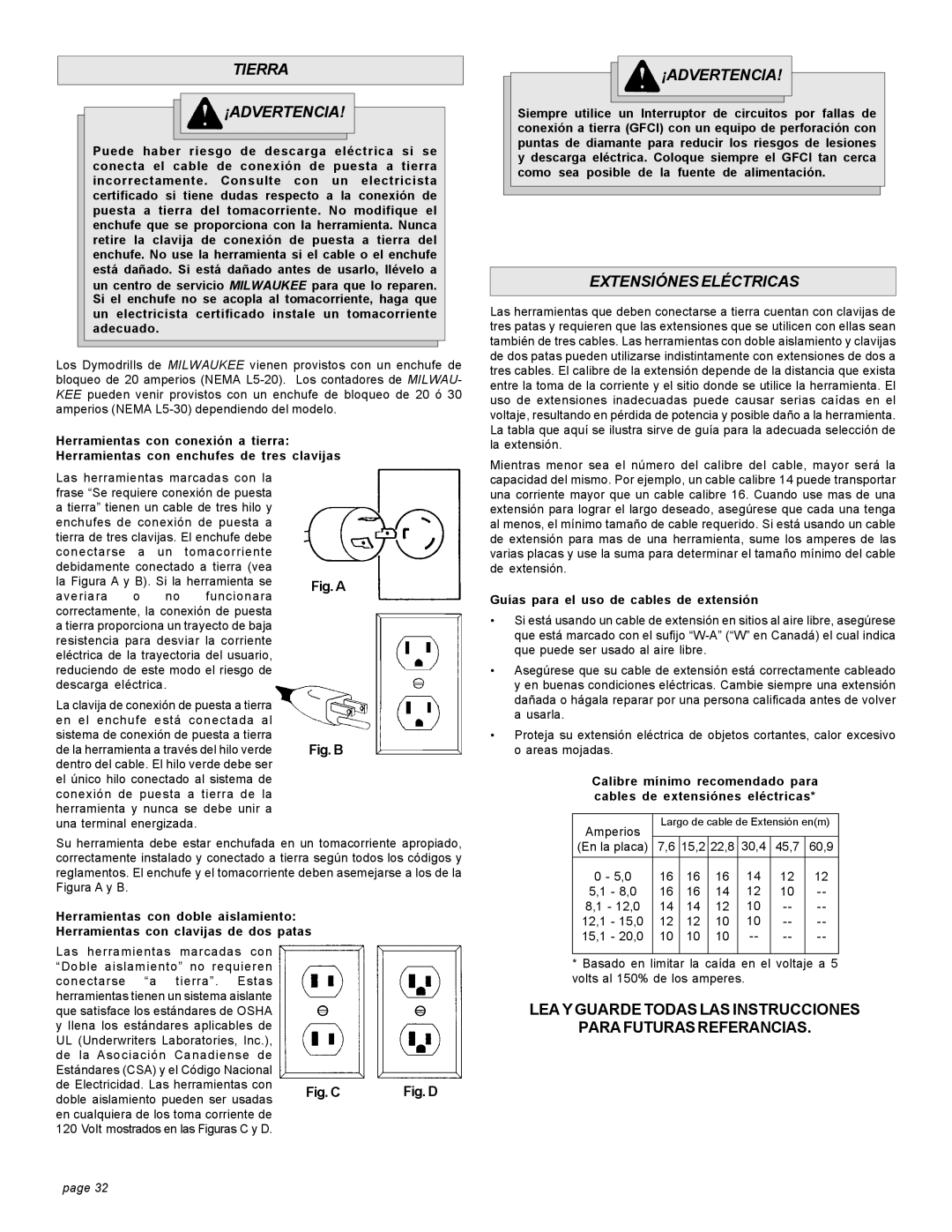 Milwaukee 4097-20 15A, 58-14-3005d9 Tierra ¡ADVERTENCIA, Extensiónes Eléctricas, Guías para el uso de cables de extensión 