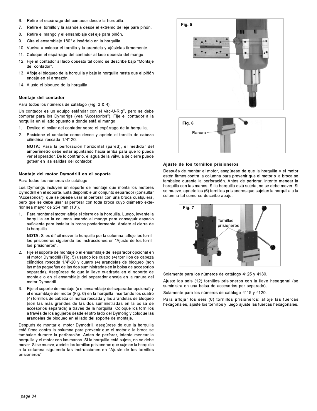 Milwaukee 4079 20A Montaje del contador, Montaje del motor Dymodrill en el soporte, Ajuste de los tornillos prisioneros 