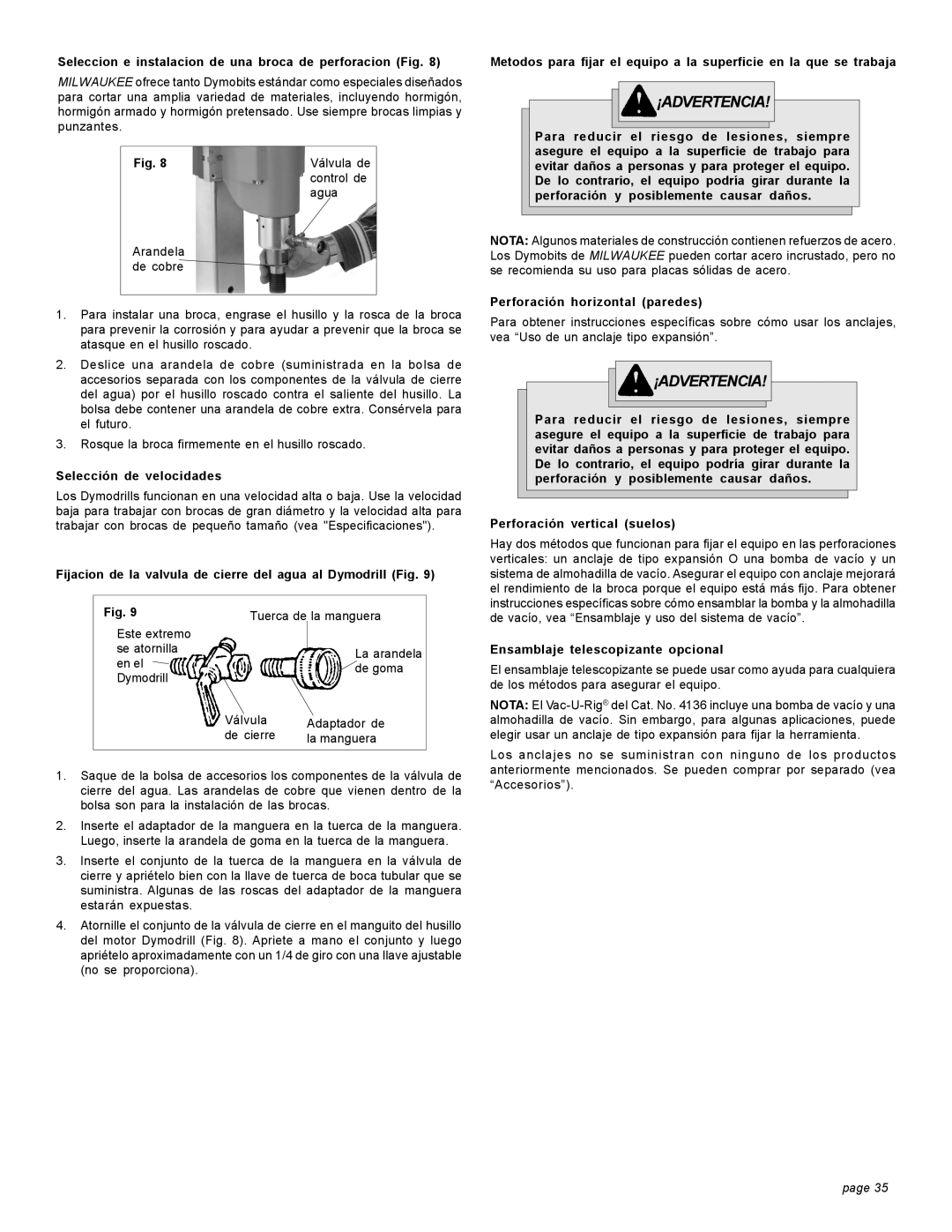 Milwaukee 4004 20A, 58-14-3005d9, 4125 Seleccion e instalacion de una broca de perforacion Fig, Selección de velocidades 