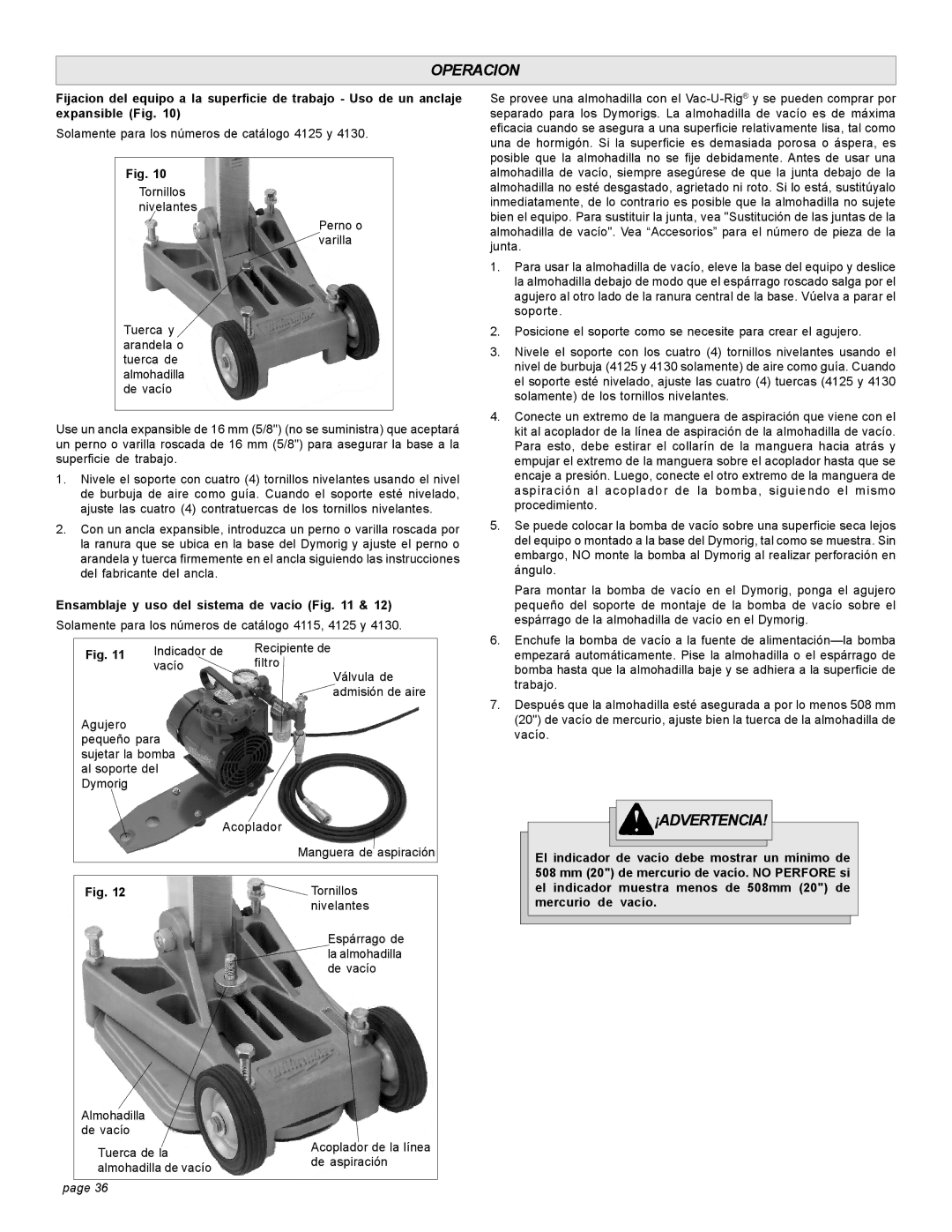 Milwaukee 4005 20A, 58-14-3005d9, 4125, 4092-20 15A, 4120, 4094 20A, 4090 15A Operacion, Ensamblaje y uso del sistema de vacío 