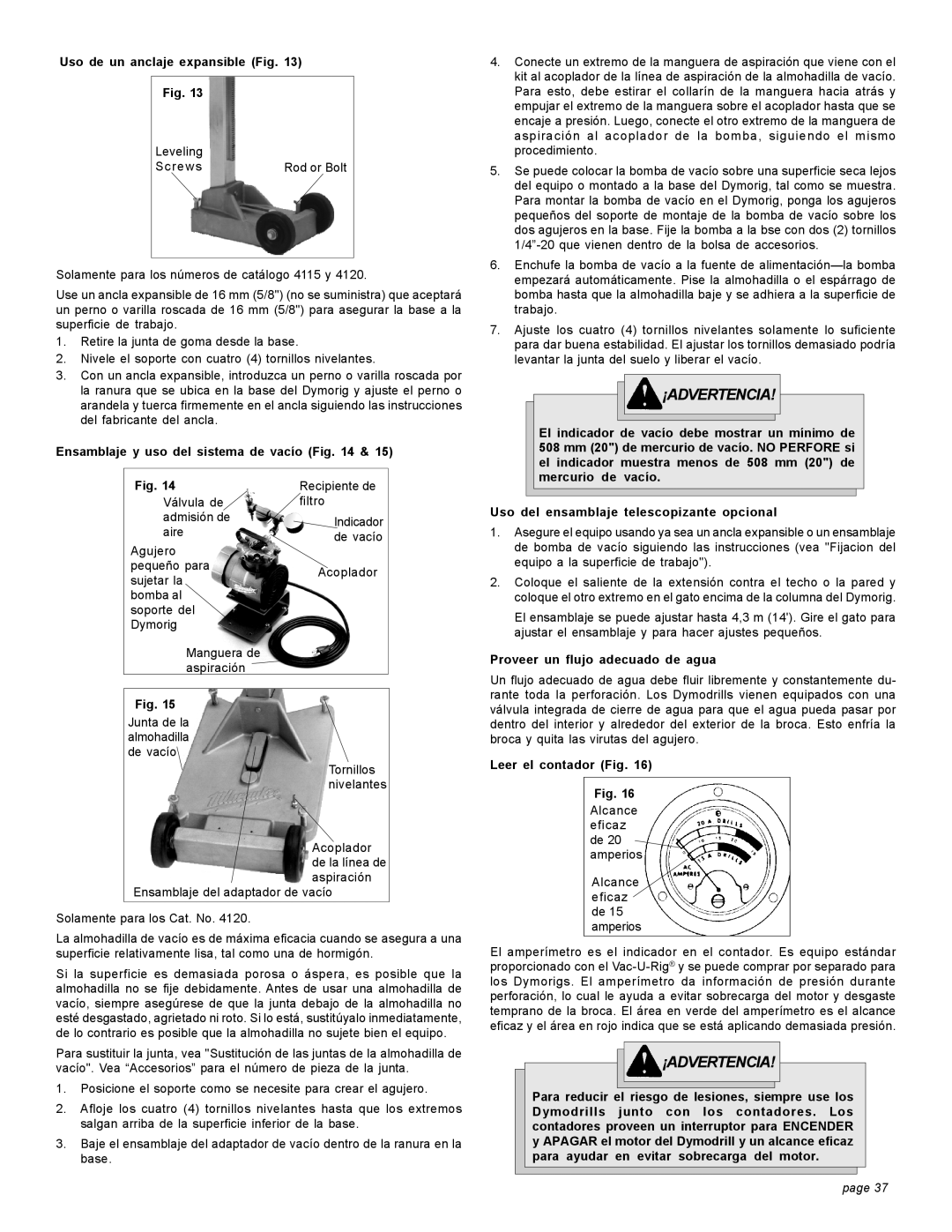 Milwaukee 4115, 58-14-3005d9 Uso de un anclaje expansible Fig, Proveer un flujo adecuado de agua, Leer el contador Fig 