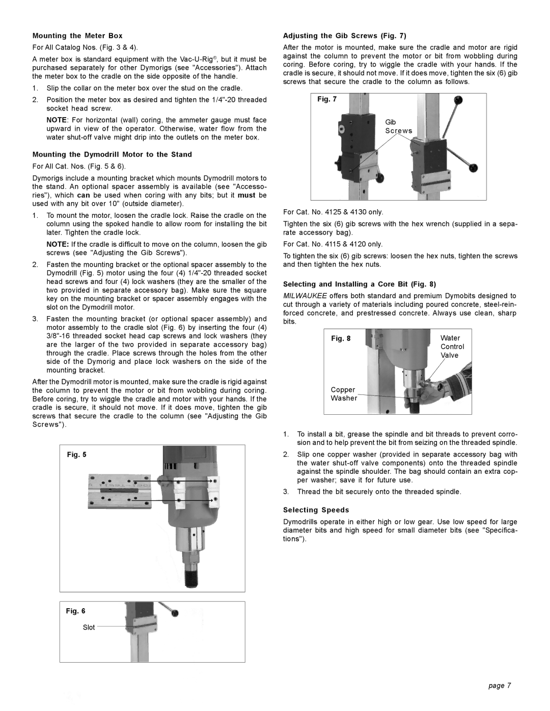 Milwaukee 4096 20A, 4125 Mounting the Meter Box, Mounting the Dymodrill Motor to the Stand, Adjusting the Gib Screws Fig 