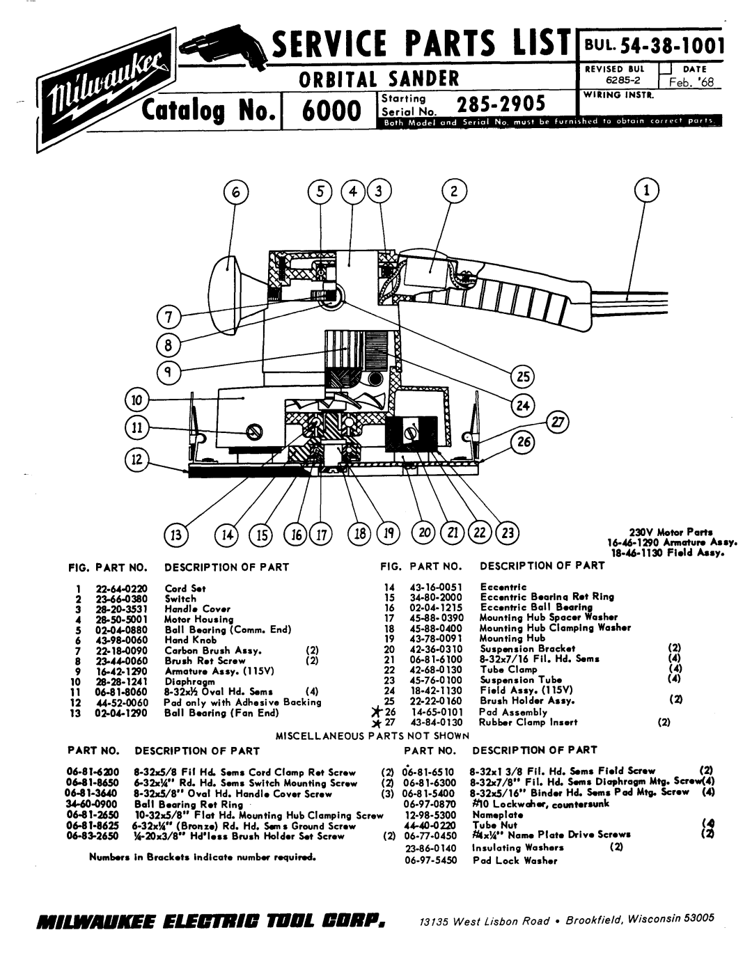 Milwaukee 6000 manual ArmatureAmy, 06-81-2650 10-32x5/8Flat, Miscellaneous Parts Not Shown Description 