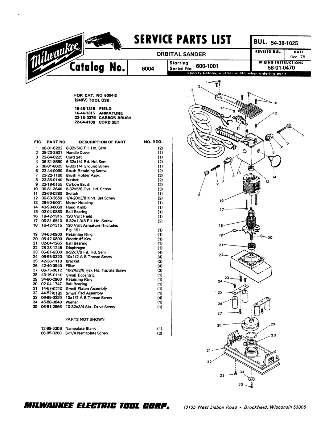 Milwaukee 6004 manual Service Parts List, CikBlT, I PAnInCb, I3u 1 -38-l, 58-01-0470 