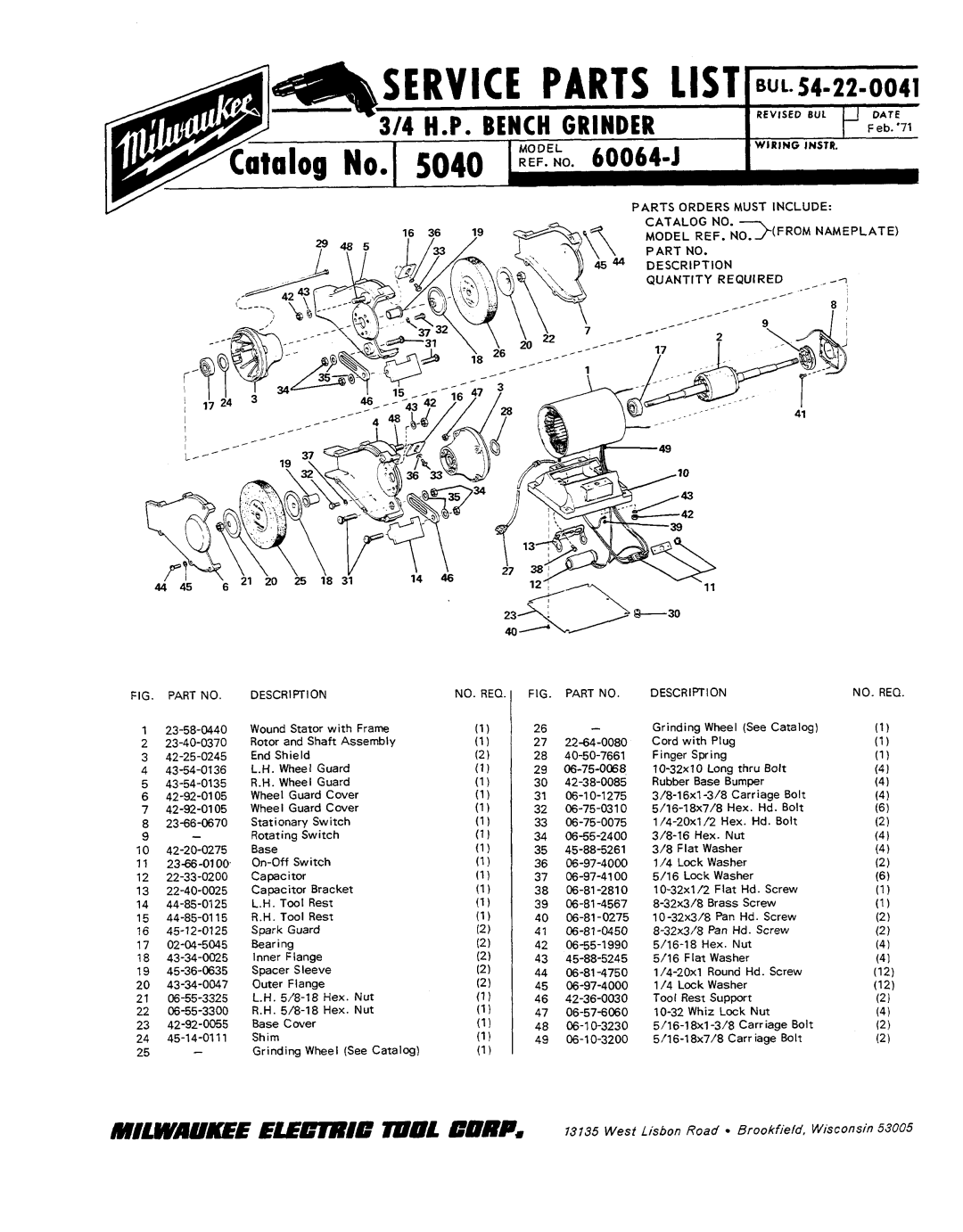 Milwaukee 5040, 60064-J manual 21 20 25 18, Description NO. REG, Screw 