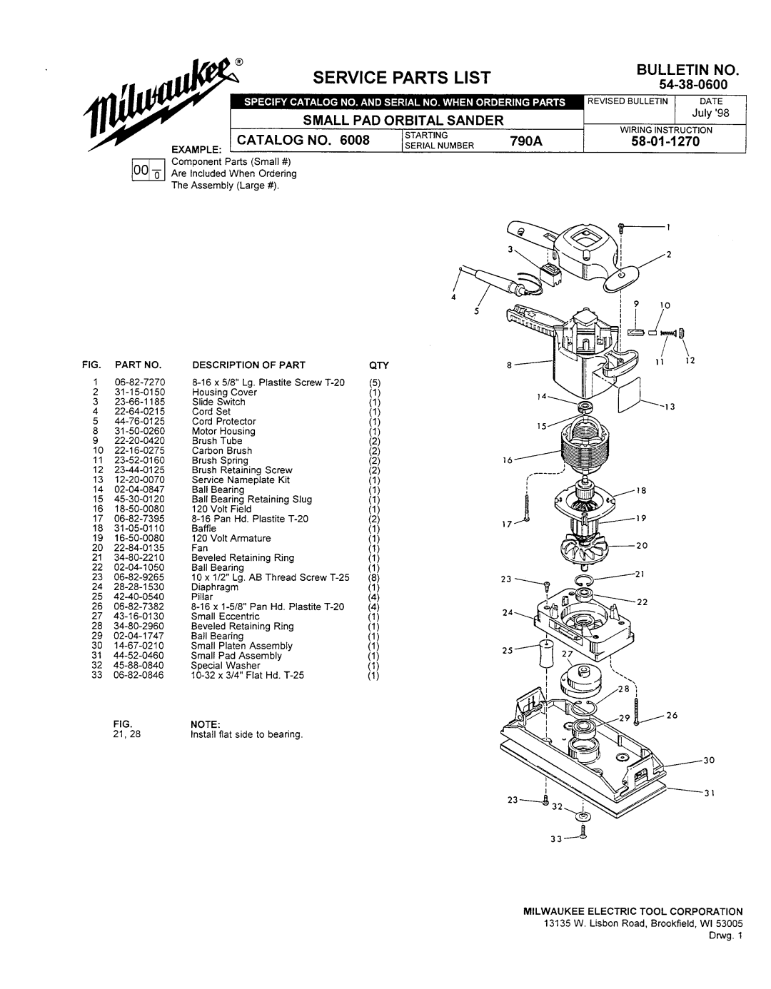 Milwaukee 6008 manual Service Parts List, Bulletin no, 54-38-0600 