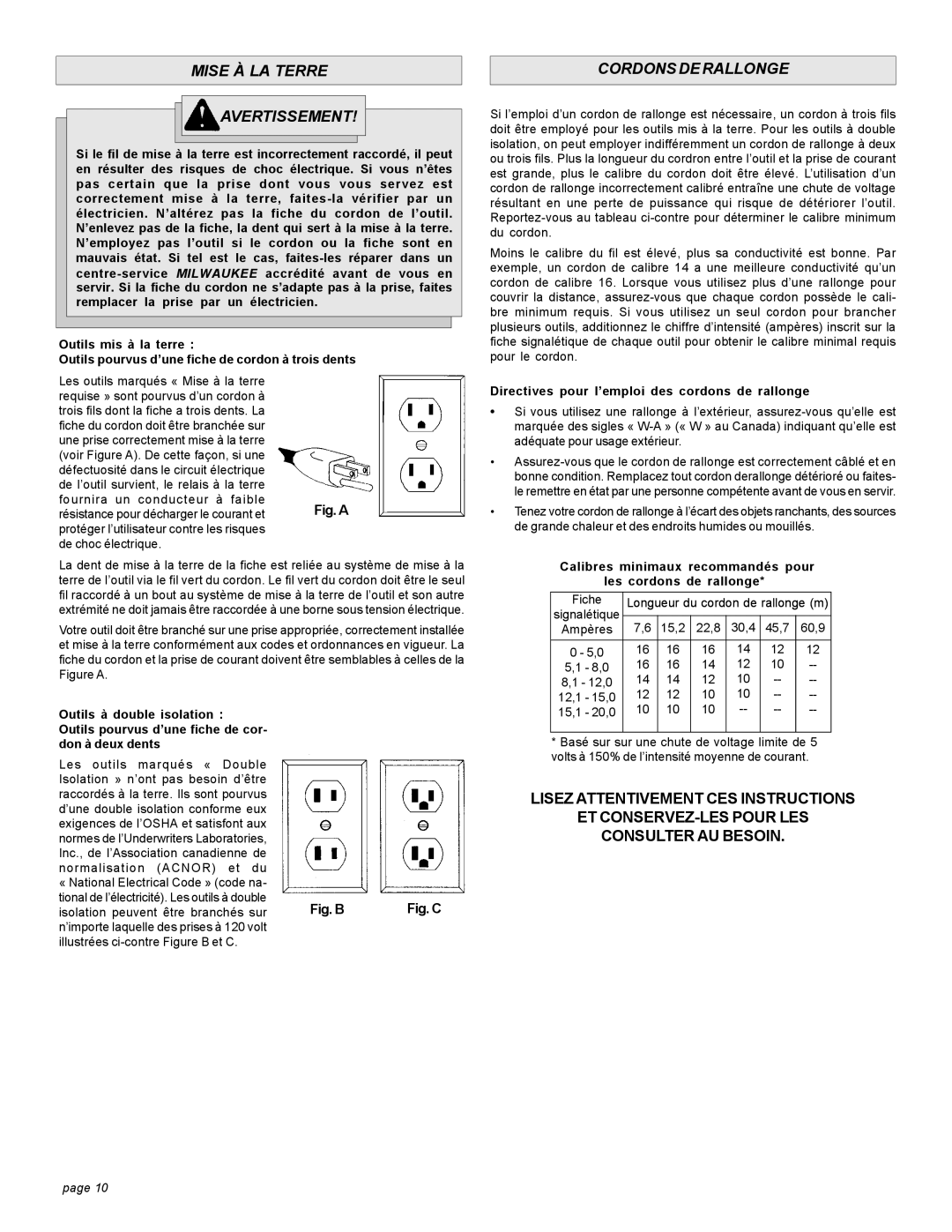 Milwaukee 6018, 6019 Mise À LA Terre Avertissement, Cordons DE Rallonge, Directives pour l’emploi des cordons de rallonge 
