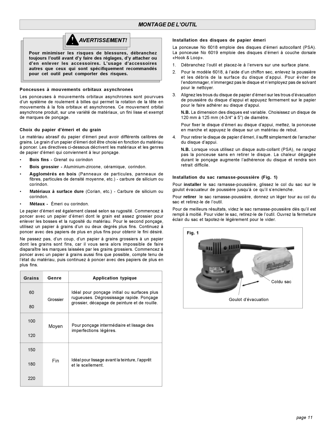 Milwaukee 6019 Montage DE Loutil Avertissement, Choix du papier d’émeri et du grain, Grains Genre Application typique 