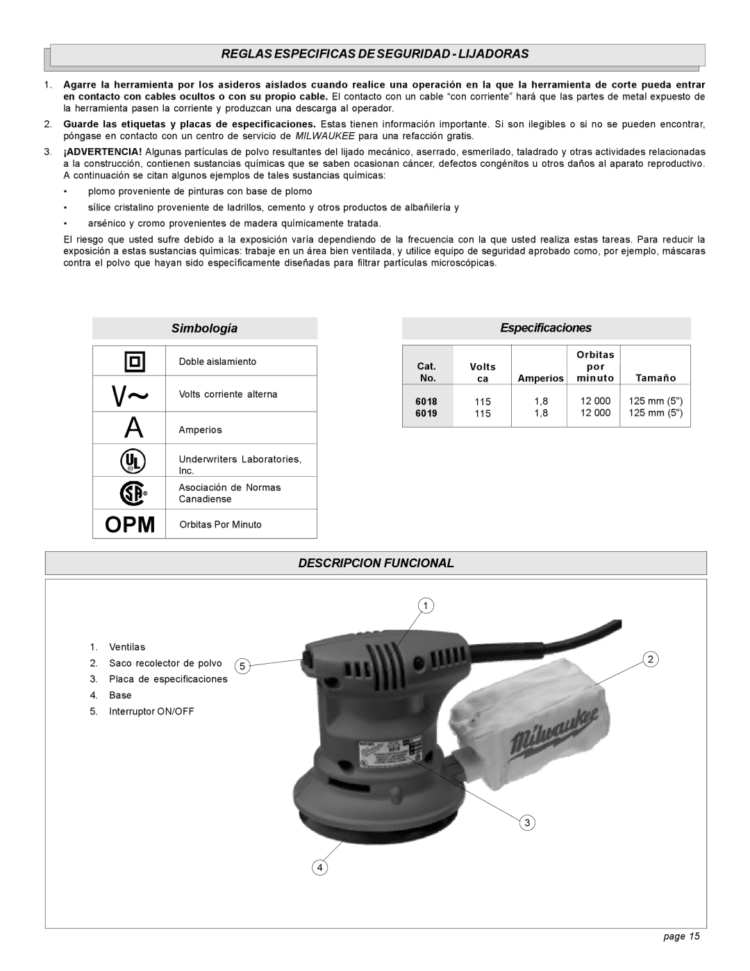 Milwaukee 6019, 6018 manual Reglas Especificas DE Seguridad Lijadoras, Descripcion Funcional, Cat Orbitas, Por, Minuto 