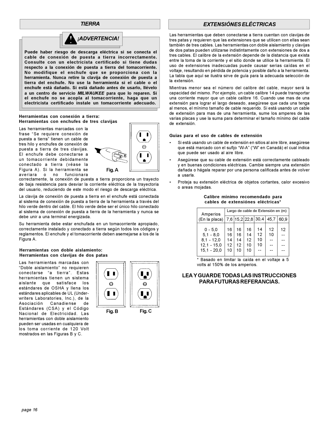 Milwaukee 6018, 6019 manual Tierra ¡ADVERTENCIA, Extensiónes Eléctricas, Guías para el uso de cables de extensión 