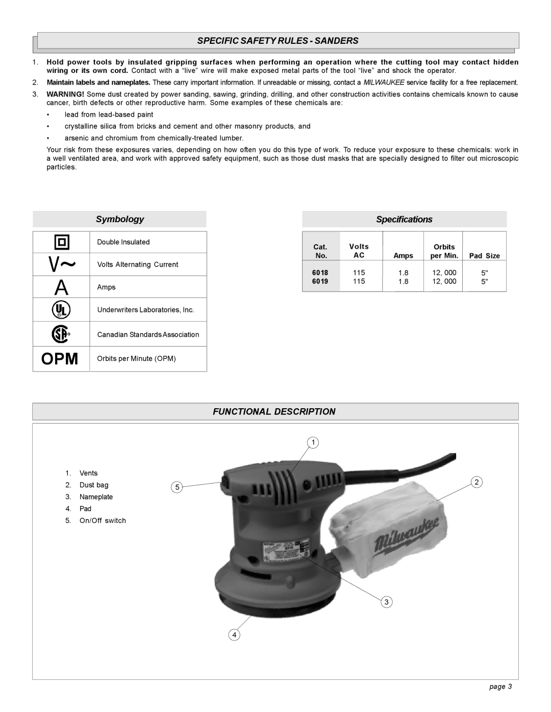 Milwaukee manual Specific Safety Rules Sanders, Functional Description, Cat Volts Orbits, Pad Size, 6018 115 6019 