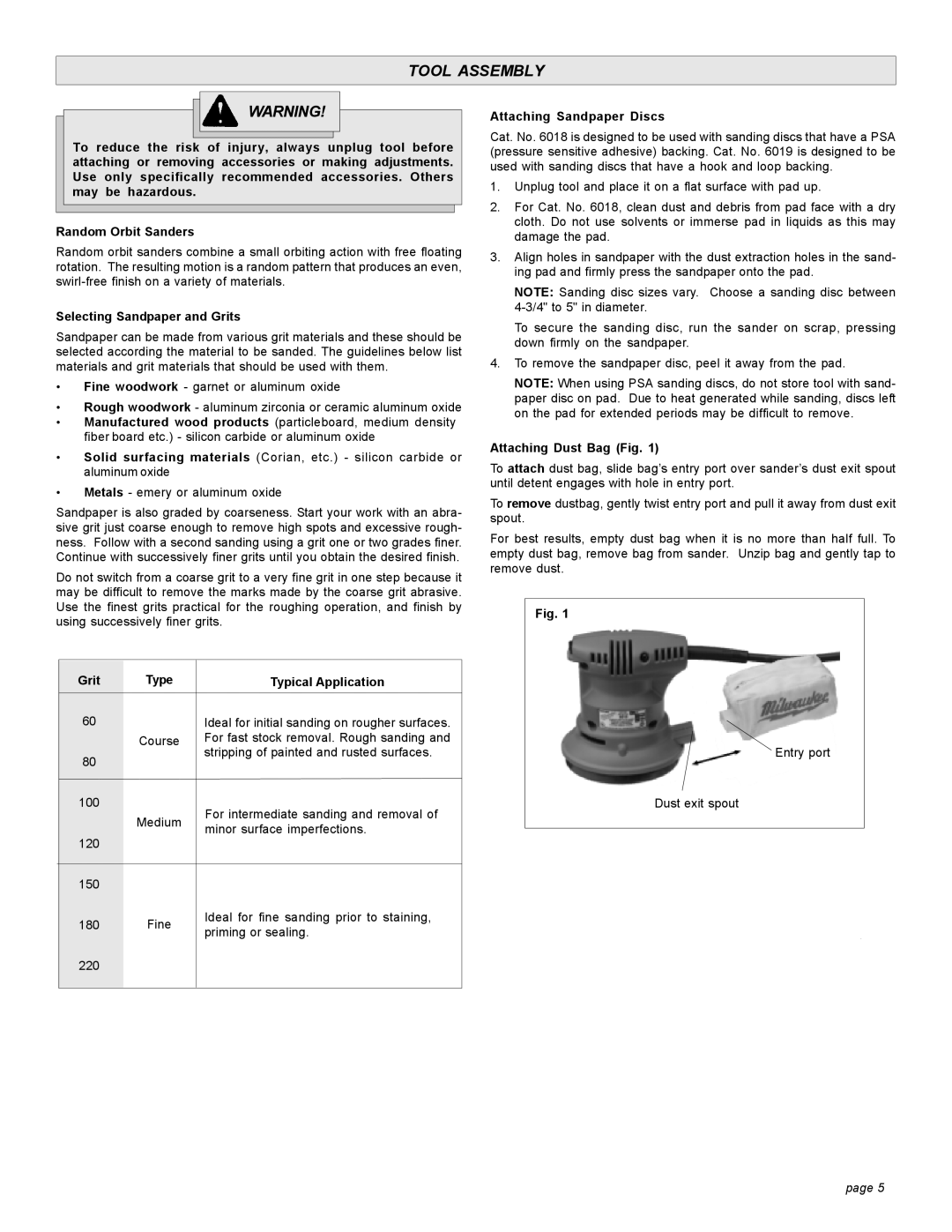 Milwaukee 6019 Tool Assembly, Selecting Sandpaper and Grits, Grit Type Typical Application, Attaching Sandpaper Discs 