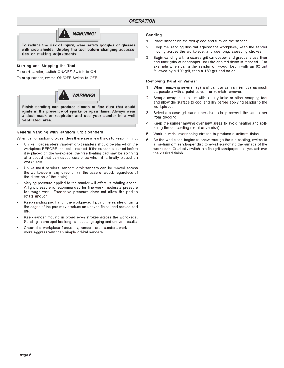 Milwaukee 6018, 6019 manual Operation, Sanding, Removing Paint or Varnish 