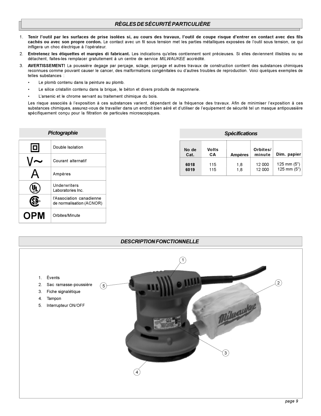 Milwaukee 6019 Règles DE Sécurité Particulière, Descriptionfonctionnelle, No de Volts Orbites Dim. papier Cat, Minute 