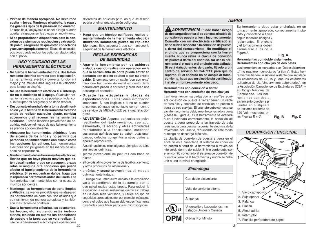 Milwaukee 6020-21 Tierra, USO Y Cuidado DE LAS Herramientas Eléctricas, Mantenimiento, Reglas Especificas DE Seguridad 