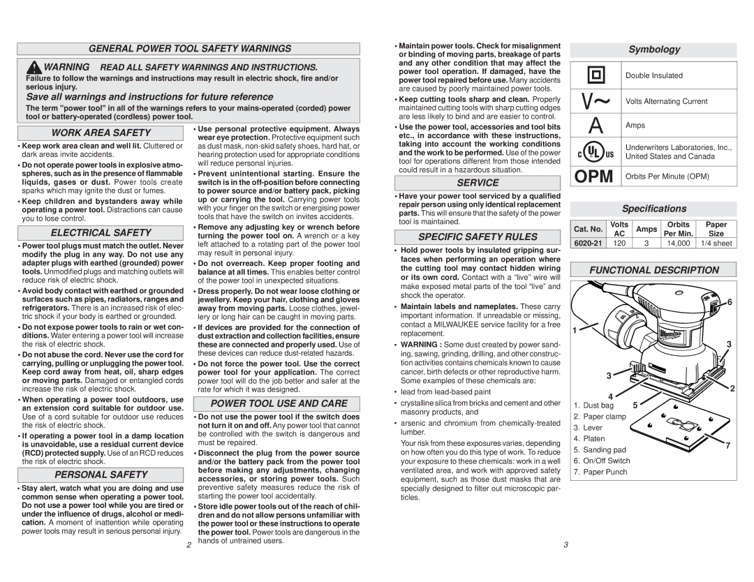 Milwaukee 6020-21 manual General Power Tool Safety Warnings, Work Area Safety, Electrical Safety, Personal Safety, Service 