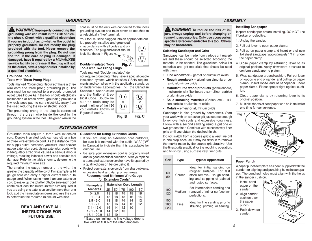 Milwaukee 6020-21 manual Grounding Assembly, Extension Cords 