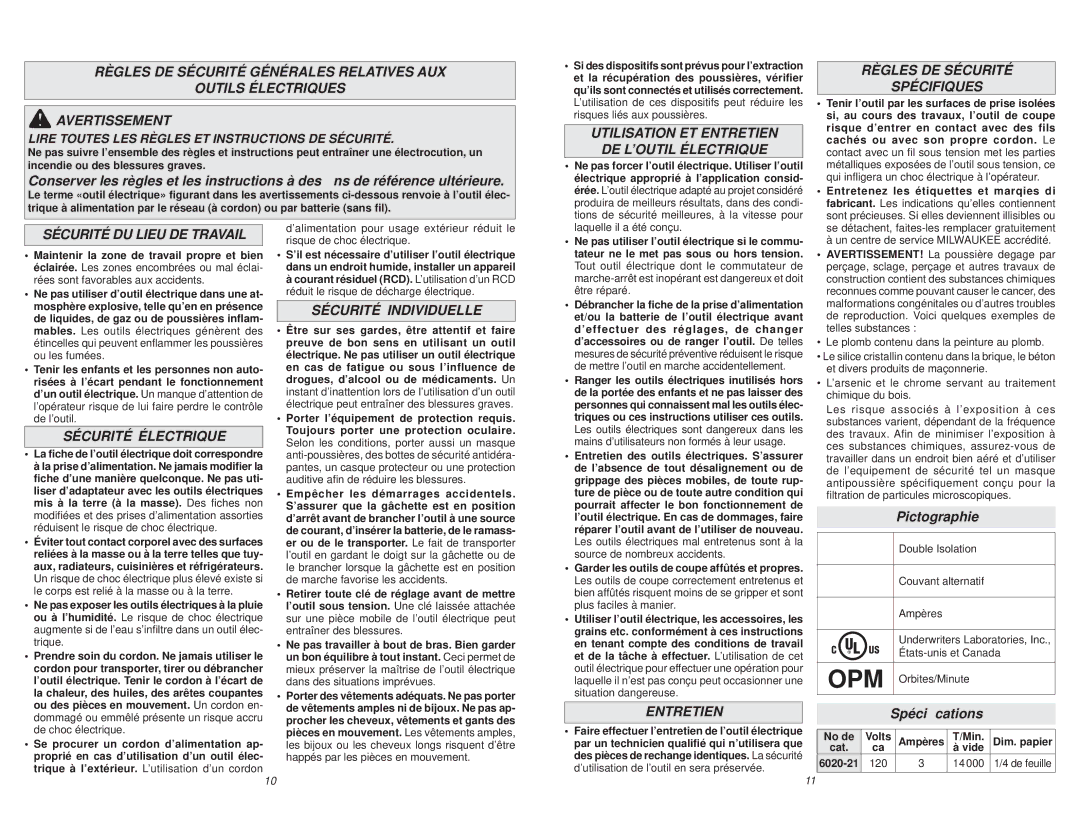 Milwaukee 6020-21 Utilisation ET Entretien DE L’OUTIL Électrique, Règles DE Sécurité Spécifiques, Sécurité Électrique 