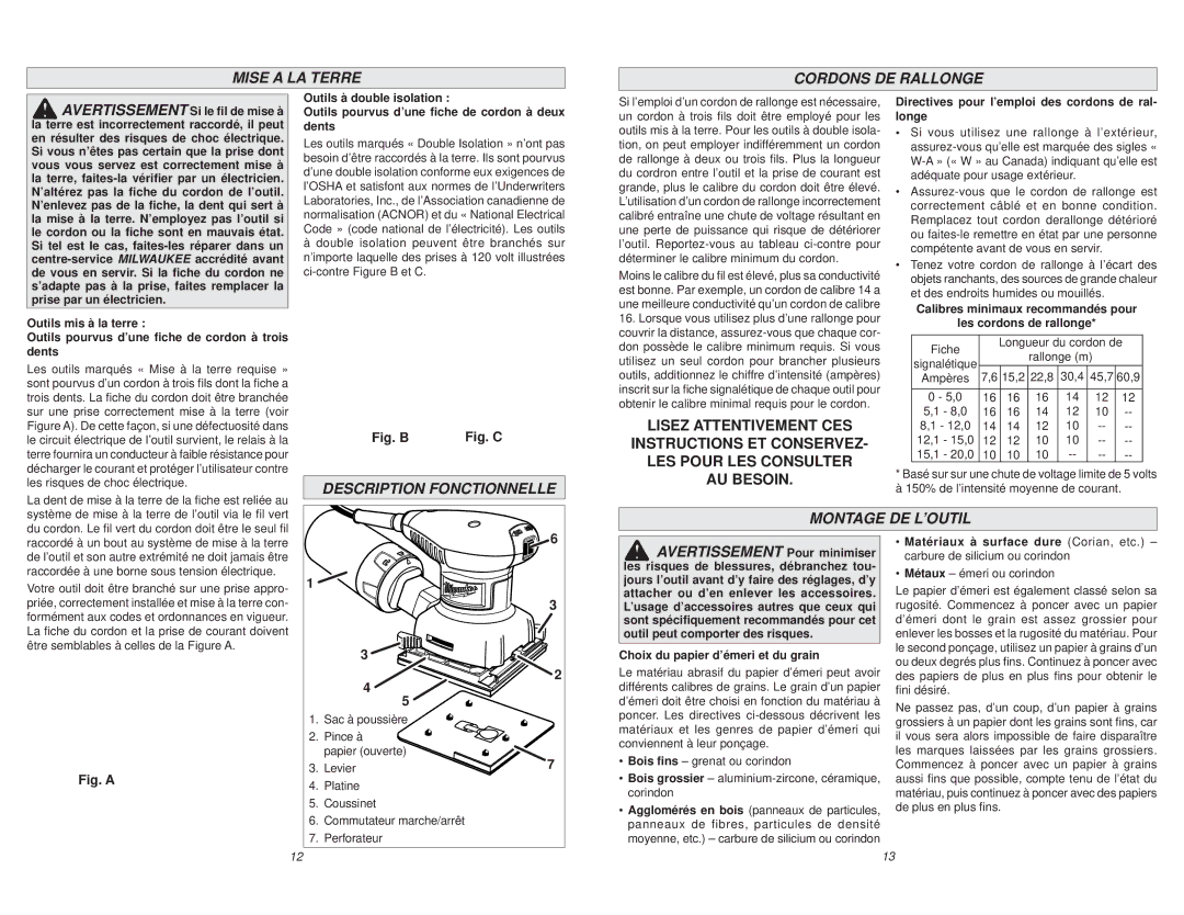 Milwaukee 6020-21 manual Mise a LA Terre Cordons DE Rallonge, Description Fonctionnelle, Montage DE L’OUTIL 