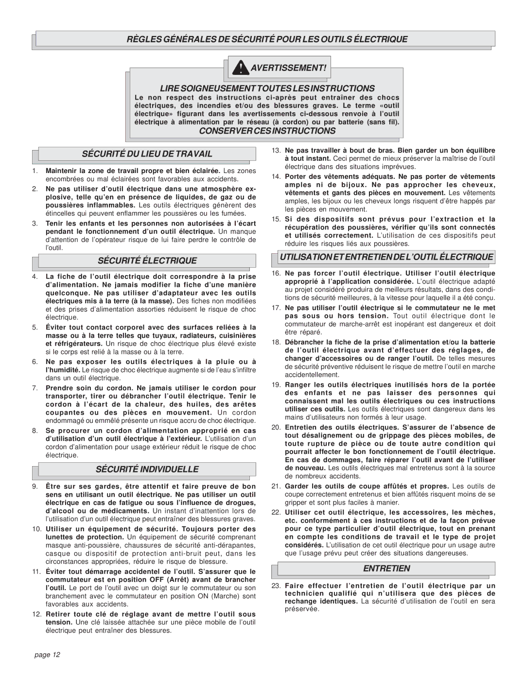 Milwaukee 6066-6, 6078 Conserver Cesinstructions Sécurité DU Lieu DE Travail, Sécurité Électrique, Sécurité Individuelle 