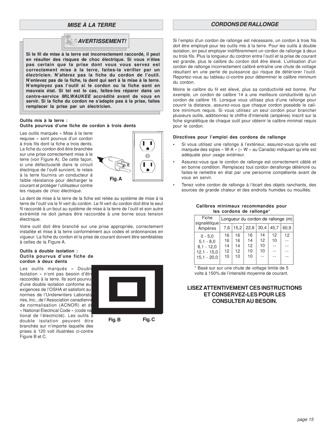 Milwaukee 6065-6 Mise À LA Terre Avertissement, Cordons DE Rallonge, Directives pour l’emploi des cordons de rallonge 