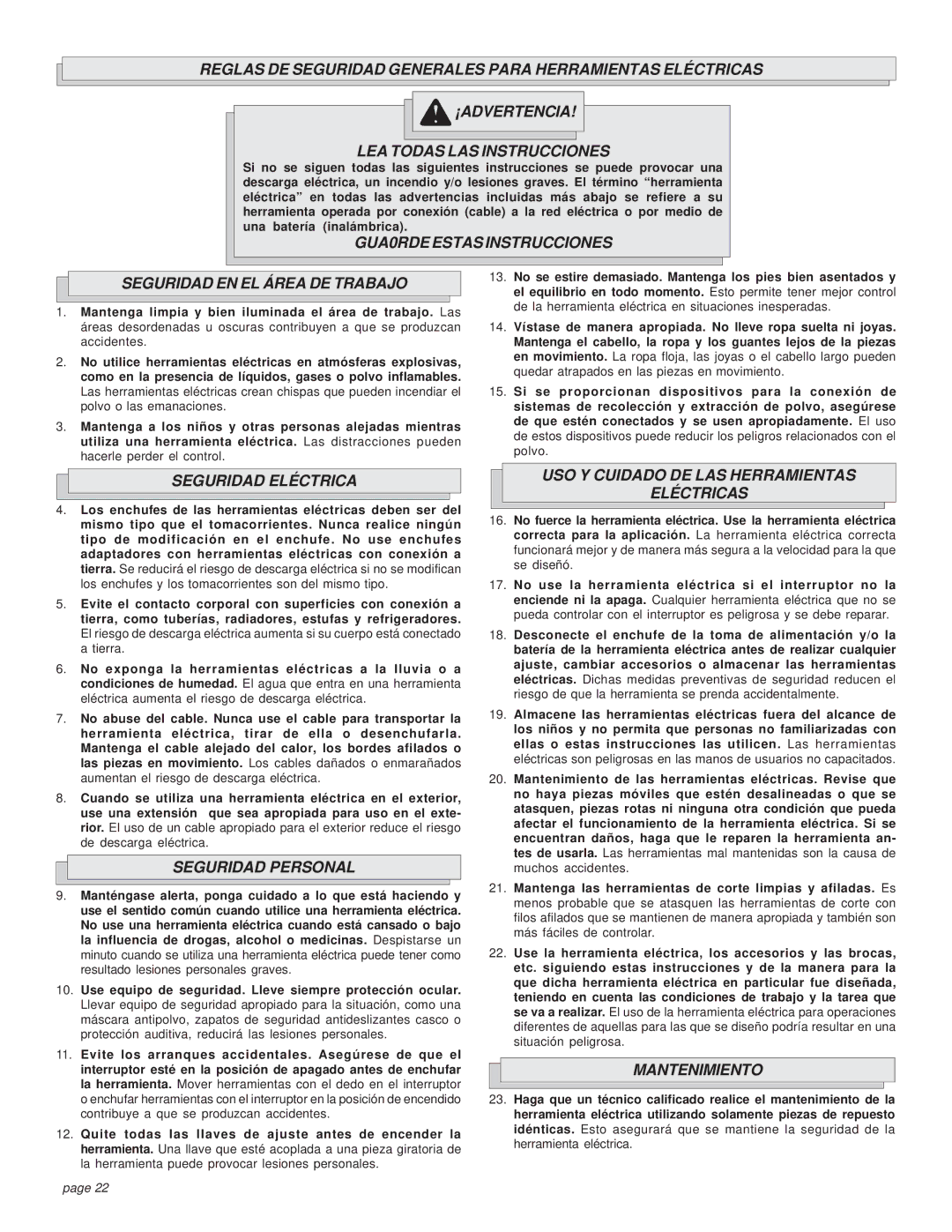 Milwaukee 6066, 6078 GUA0RDE Estas Instrucciones Seguridad EN EL Área DE Trabajo, Seguridad Eléctrica, Seguridad Personal 