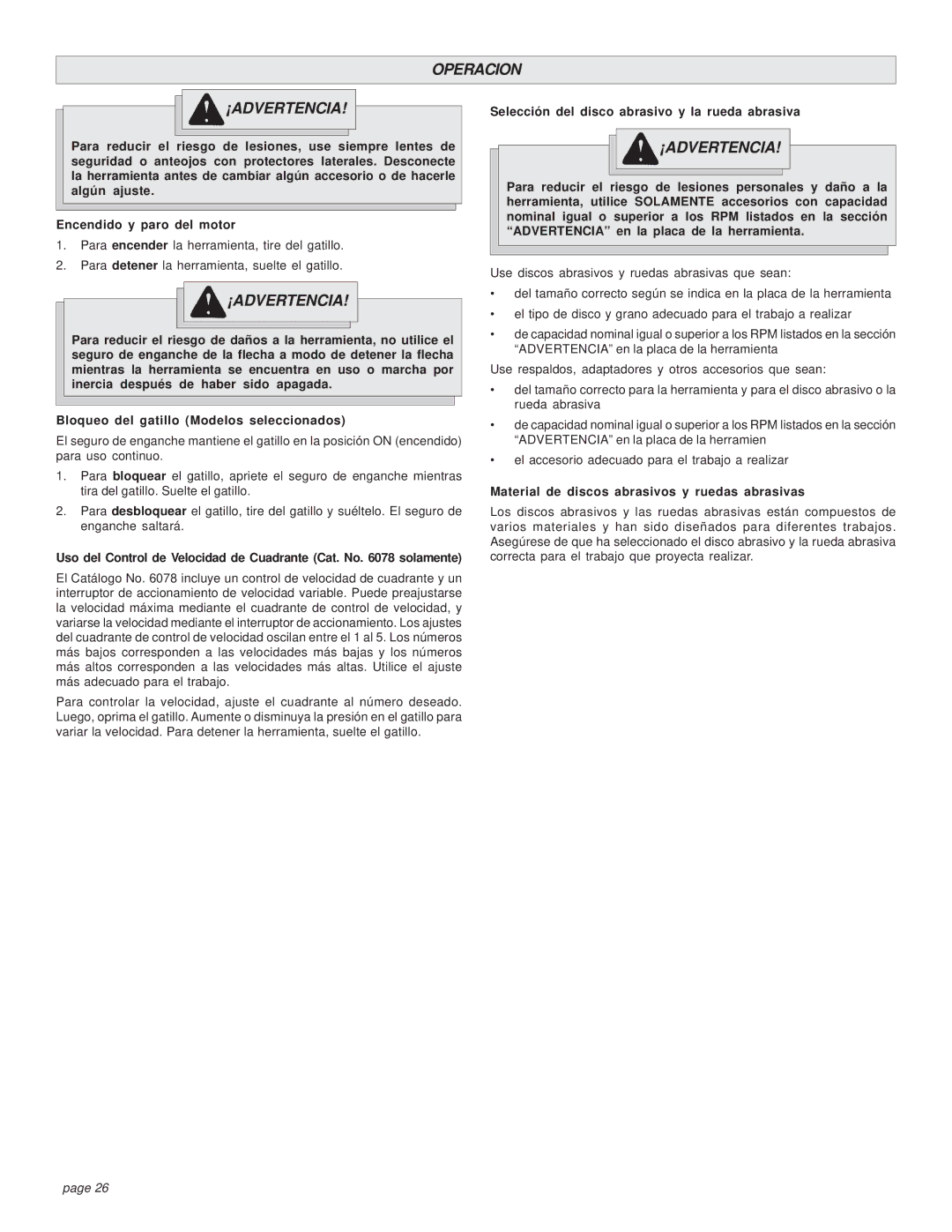 Milwaukee 6066-6, 6078, 6065-6, 6072 manual Operacion ¡ADVERTENCIA, Selección del disco abrasivo y la rueda abrasiva 