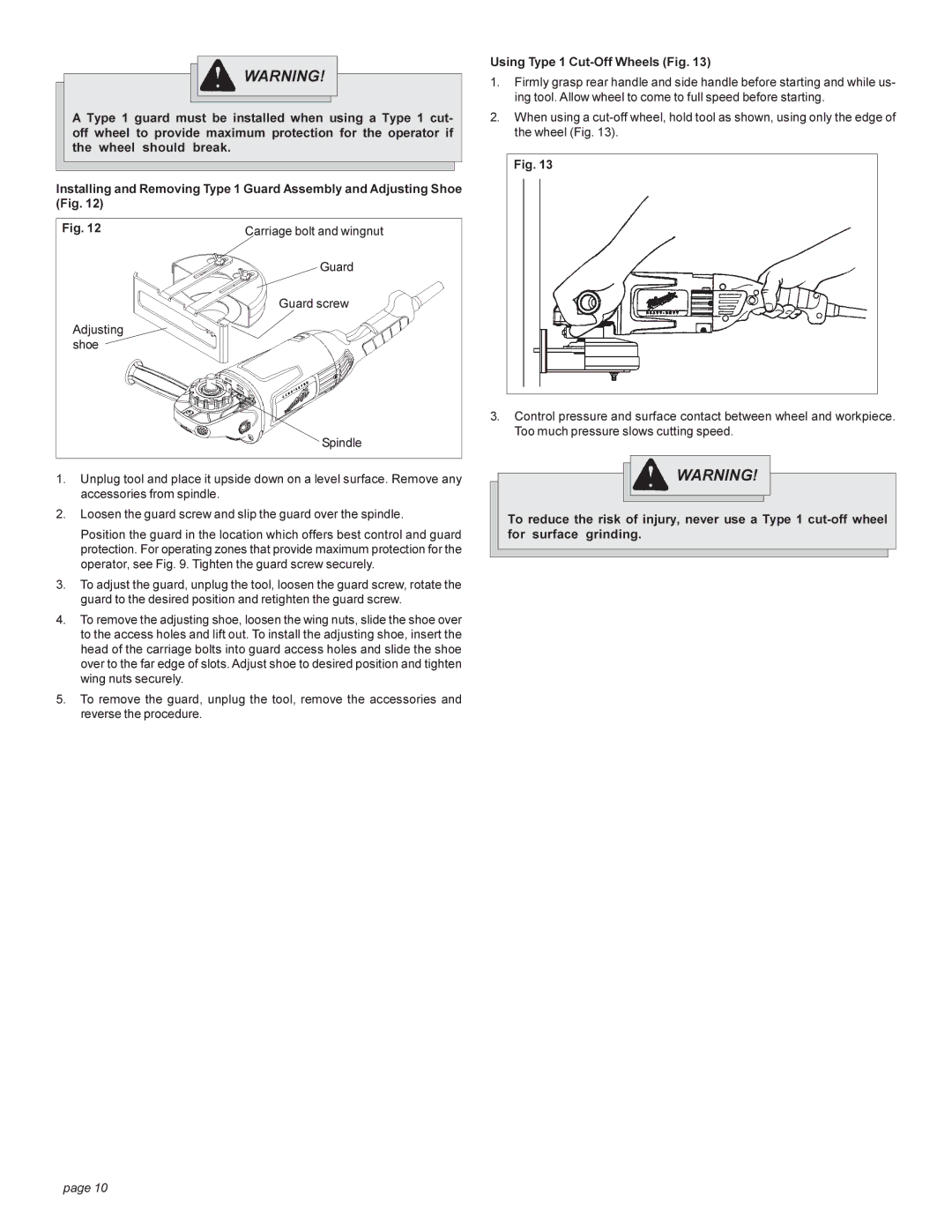 Milwaukee 6088-20, 6086-20, 6082-20, 6081-20, 6080-20, 6089-20 manual Using Type 1 Cut-Off Wheels Fig 