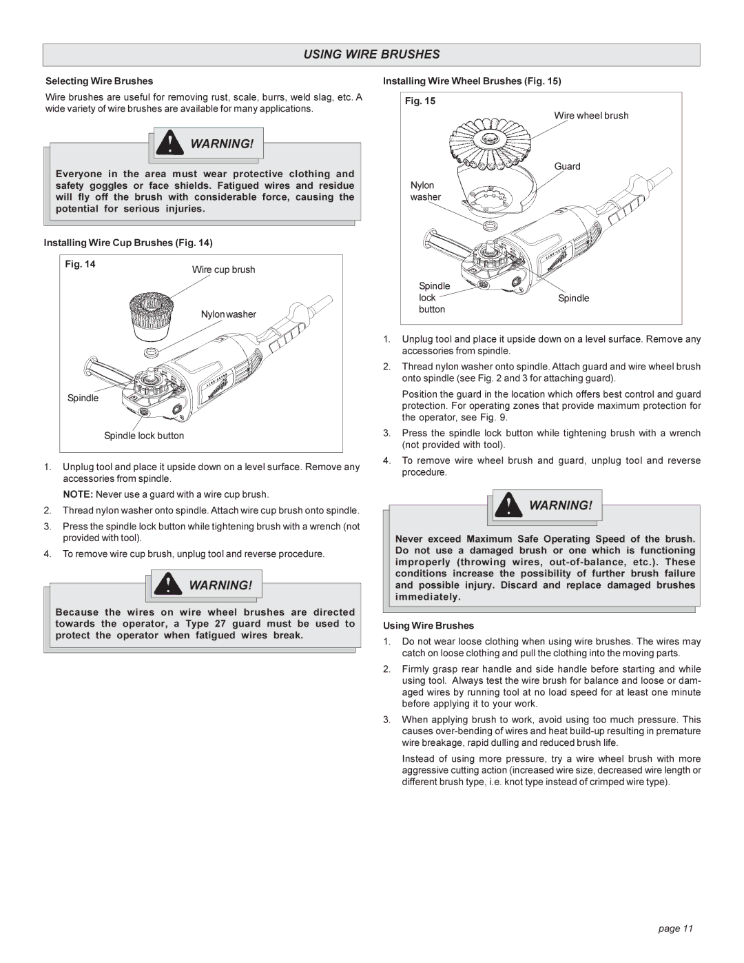 Milwaukee 6089-20, 6086-20, 6082-20, 6081-20, 6080-20, 6088-20 manual Using Wire Brushes, Selecting Wire Brushes 