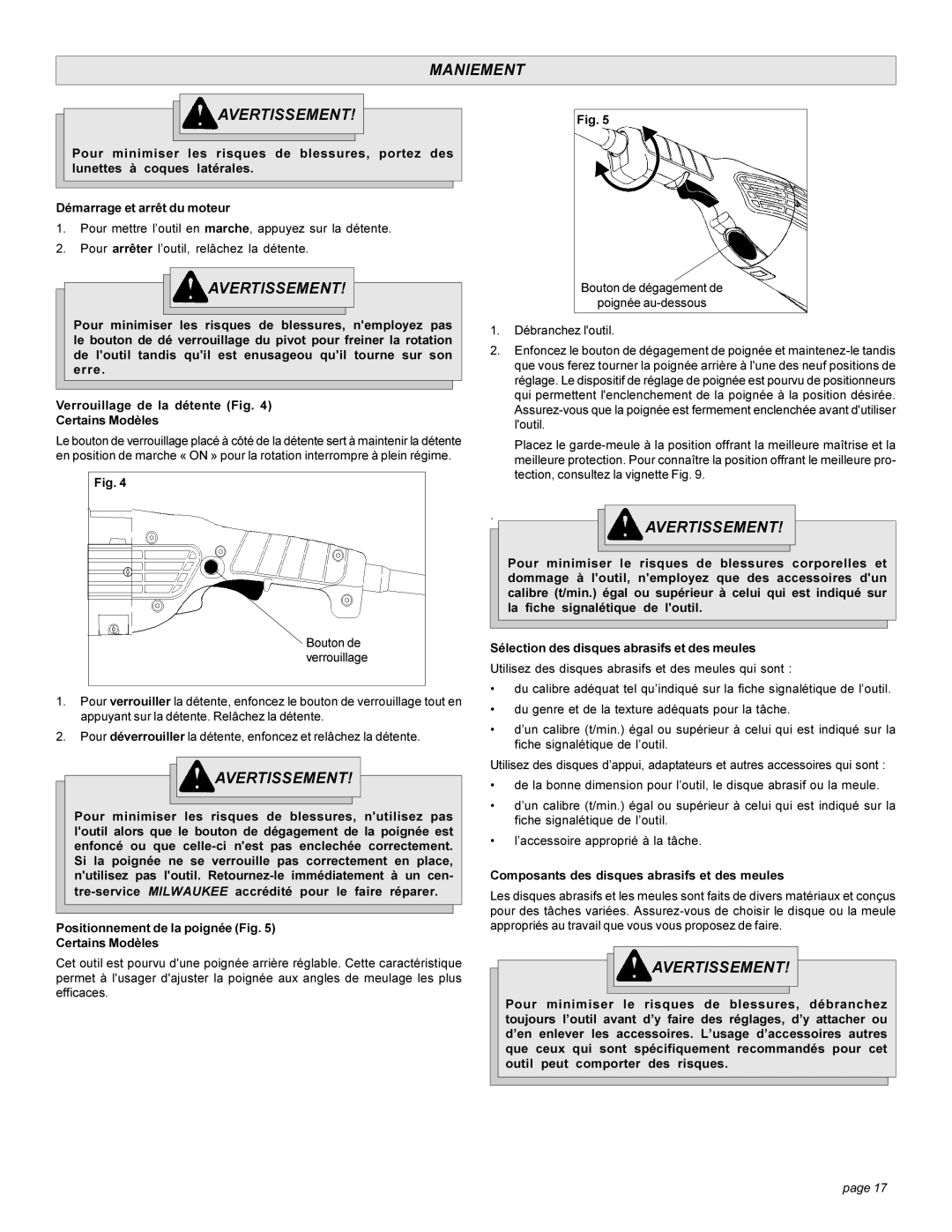 Milwaukee 6089-20, 6086-20, 6082-20, 6081-20 manual Maniement Avertissement, Positionnement de la poignée Fig Certains Modèles 