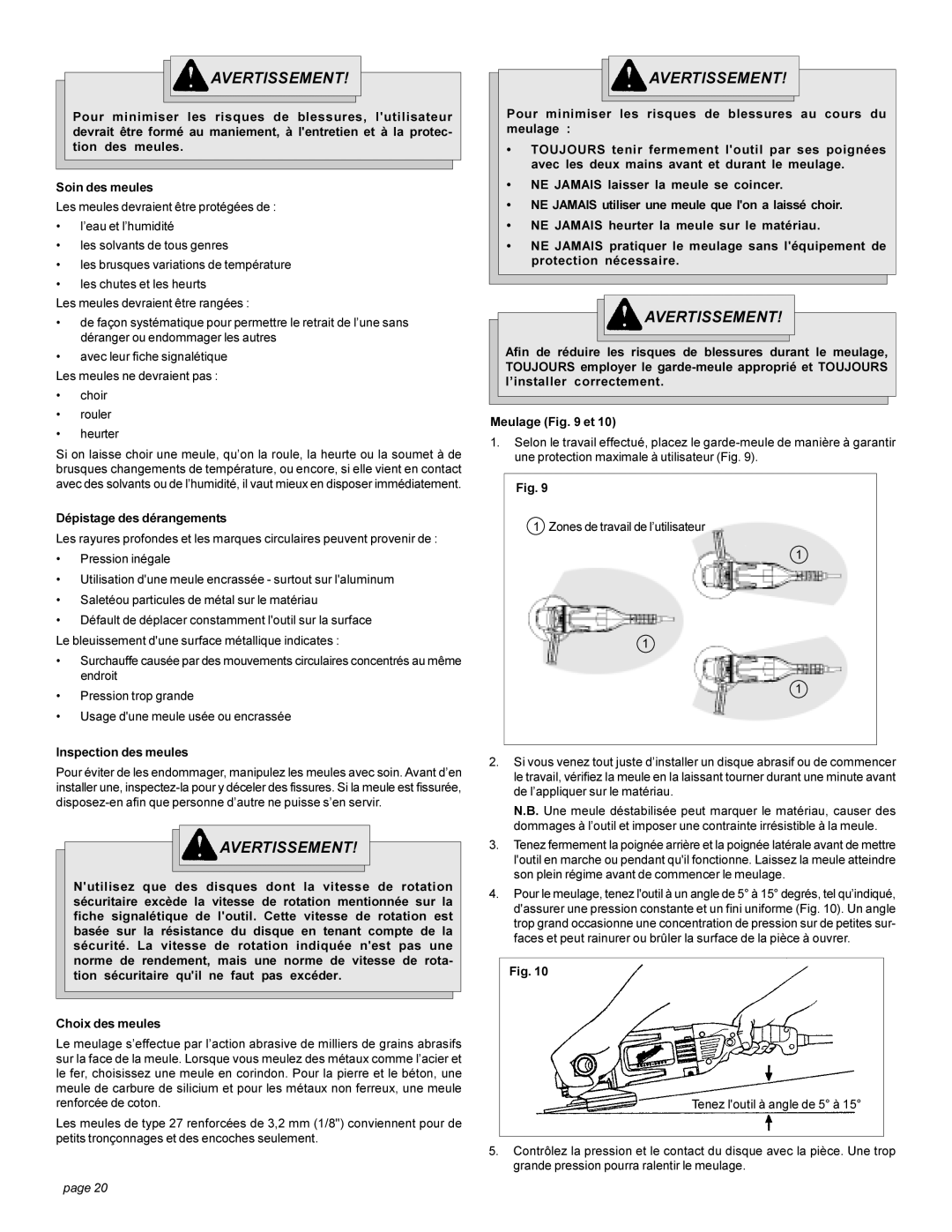 Milwaukee 6081-20, 6086-20, 6082-20, 6080-20, 6088-20, 6089-20 manual Avertissement, Inspection des meules 