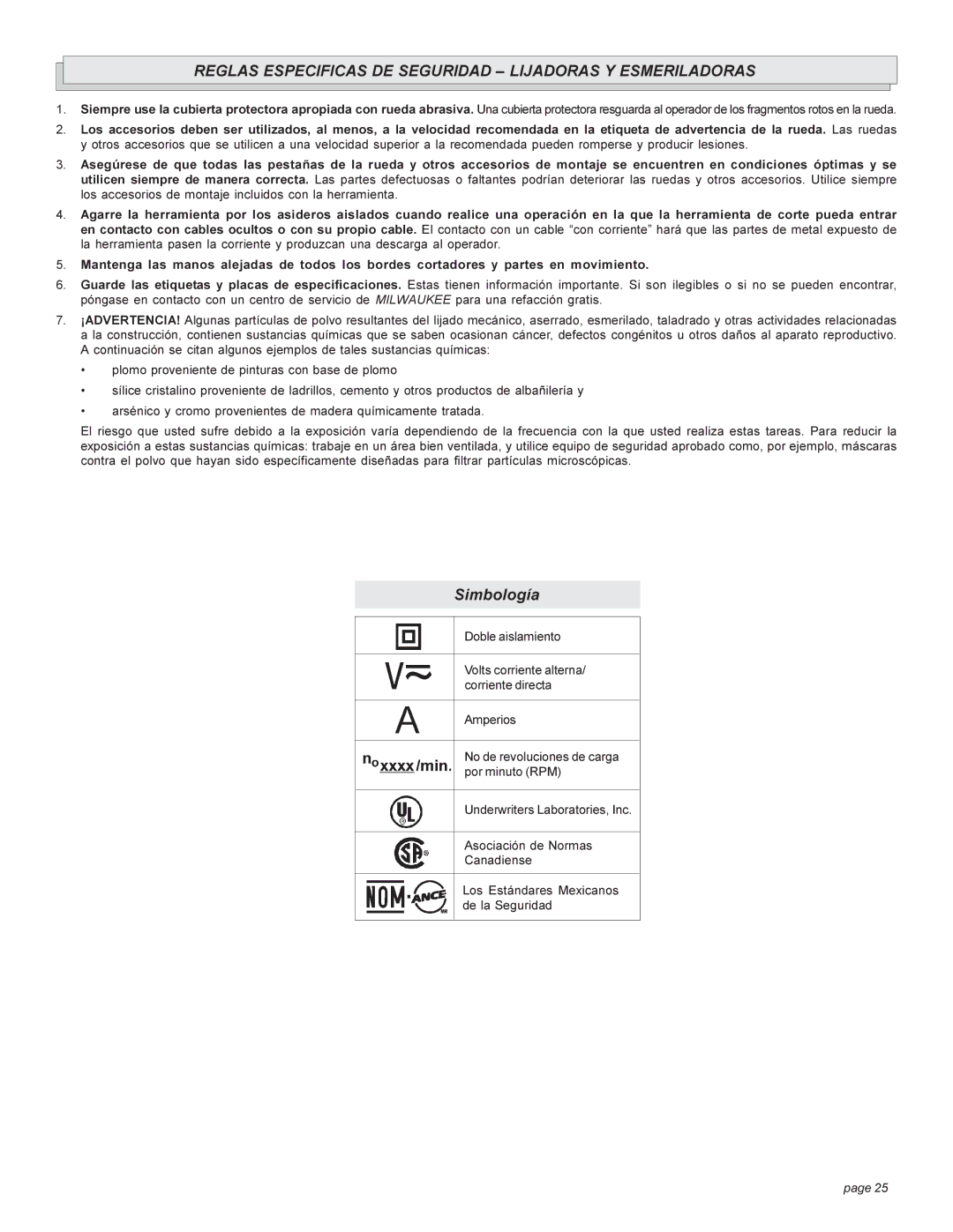 Milwaukee 6082-20, 6086-20, 6081-20, 6080-20, 6088-20 Reglas Especificas DE Seguridad Lijadoras Y Esmeriladoras, Simbología 