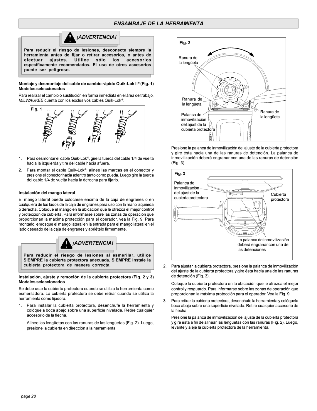 Milwaukee 6088-20, 6086-20, 6082-20, 6081-20, 6080-20 Ensambaje DE LA Herramienta ¡ADVERTENCIA, Instalación del mango lateral 