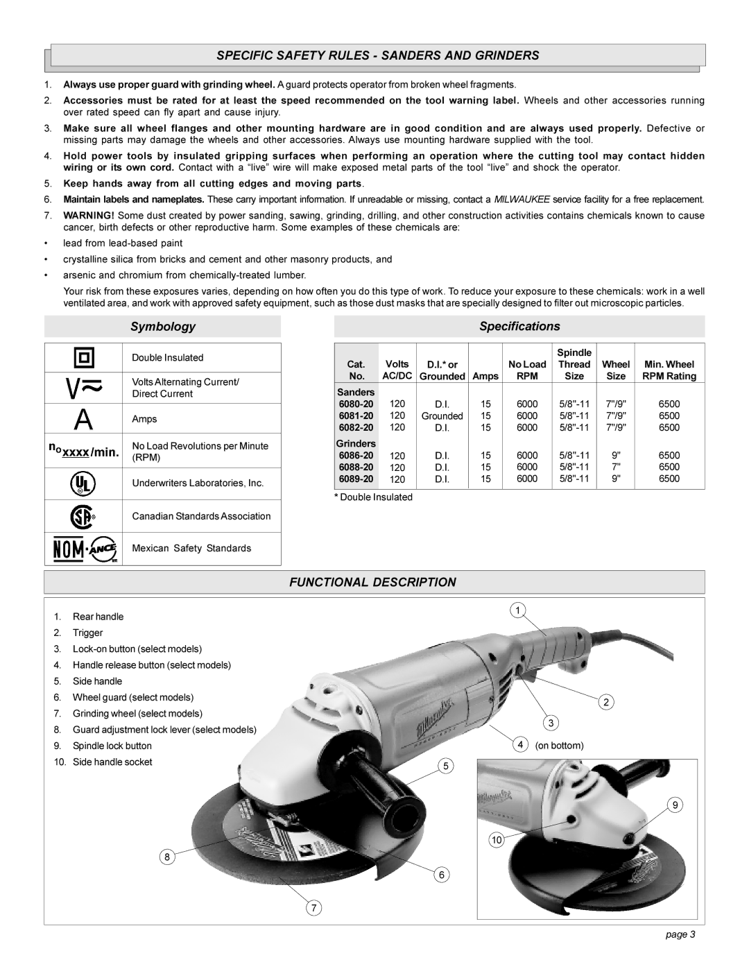 Milwaukee 6080-20, 6086-20, 6082-20, 6081-20 Specific Safety Rules Sanders and Grinders, Functional Description, Spindle 