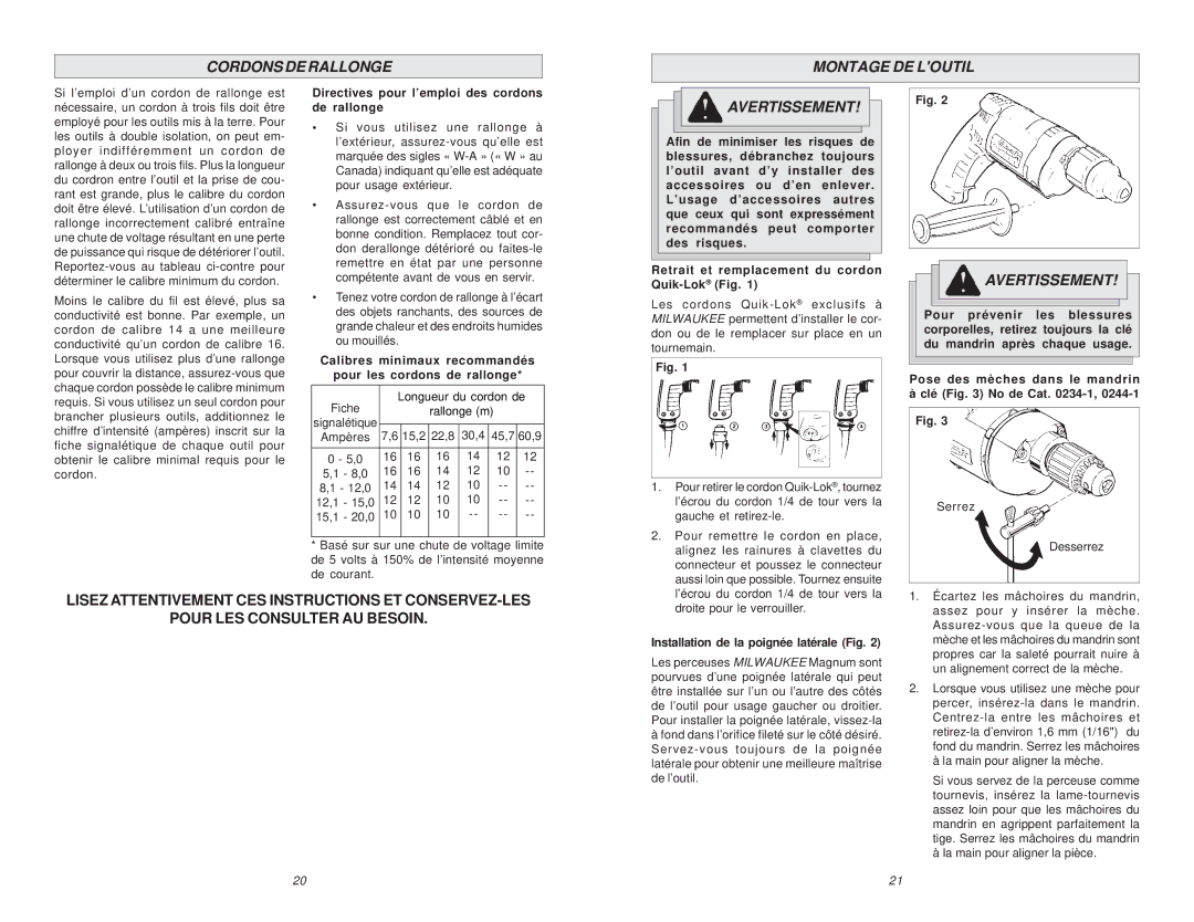 Milwaukee 0235-6, 6/1/0234, 0234-6 Cordons DE Rallonge Montage DE Loutil, Directives pour l’emploi des cordons de rallonge 