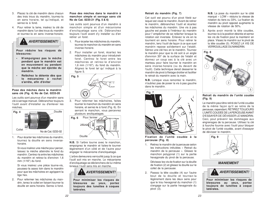 Milwaukee 0234-6, 6/1/0234 manual Maniement Avertissement, Douille, Pour fermer, Fixation de lunité coudée à la perceuse Fig 