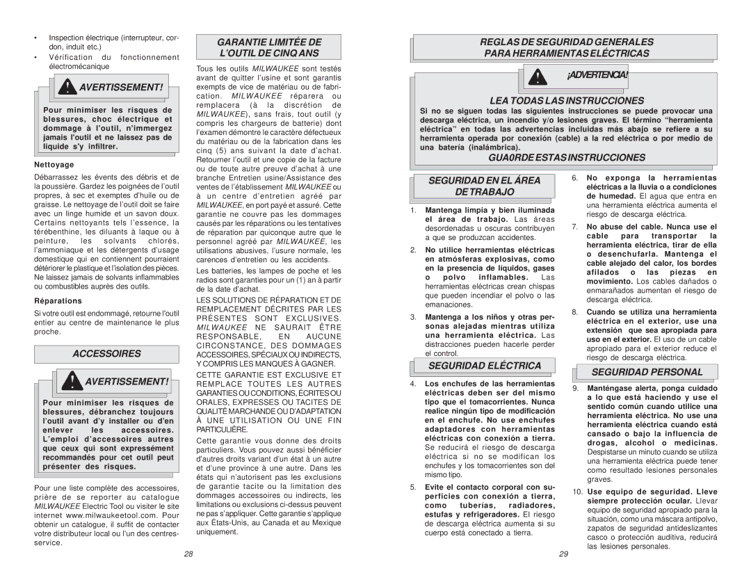 Milwaukee 0235-21, 6/1/0234 Garantie Limitée DE ’OUTIL DE Cinq ANS, GUA0RDE Estas Instrucciones, Accessoires Avertissement 