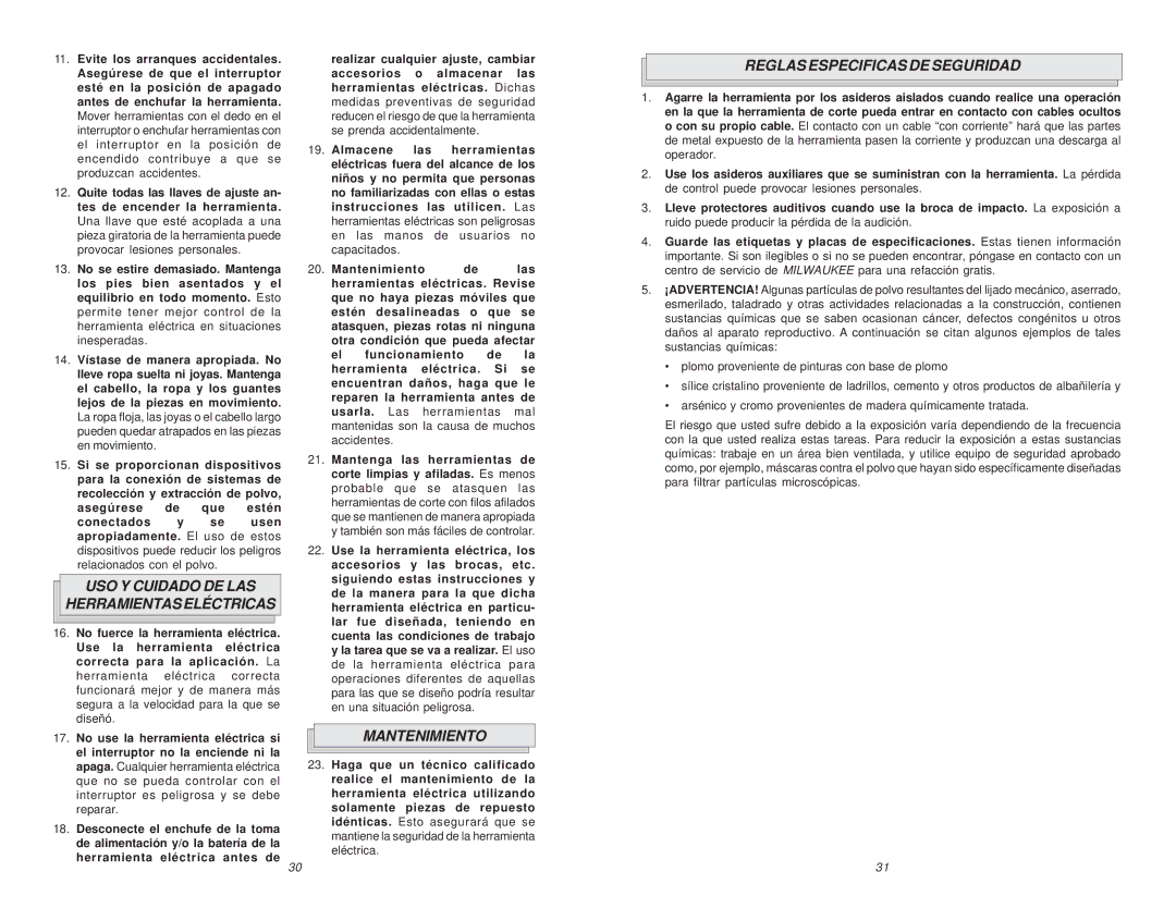 Milwaukee 0234-1, 6/1/0234 USO Y Cuidado DE LAS Herramientaseléctricas, Mantenimiento, Reglas Especificas DE Seguridad 