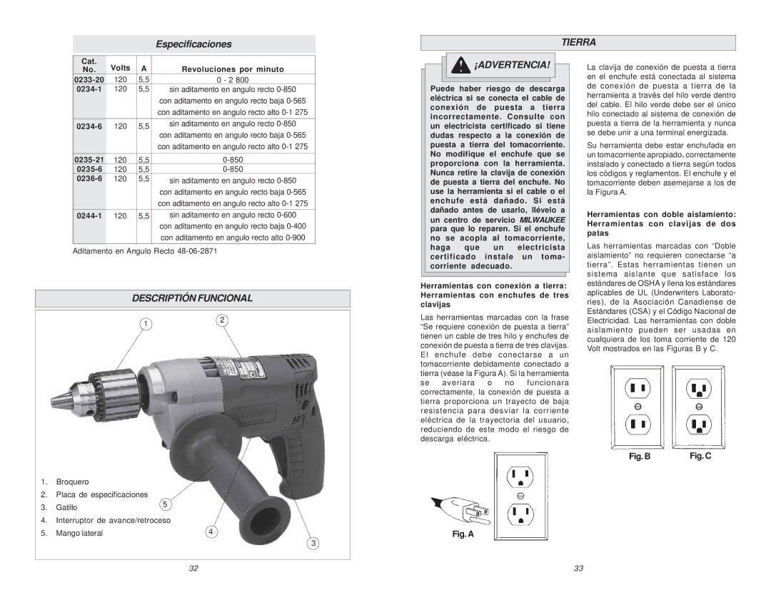 Milwaukee 0236-6, 6/1/0234, 0235-6 Especificaciones, Tierra, Descriptión Funcional ¡ADVERTENCIA, Aditamento en Angulo Recto 