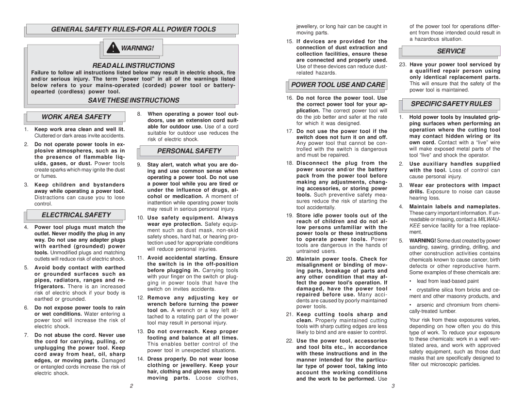 Milwaukee 0235-6, 6/1/0234 Power Tool USE and Care, Service, Specific Safety Rules Work Area Safety, Electrical Safety 