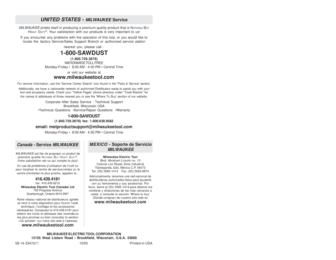 Milwaukee 0233-20, 6/1/0234 Canada Service Milwaukee, 800.729.3878 fax, West Lisbon Road Brookfield, Wisconsin, U.S.A 