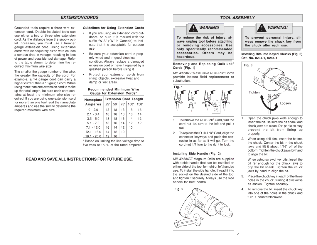 Milwaukee 0244-1, 6/1/0234 Extensioncords Tool Assembly, Guidelines for Using Extension Cords, Installing Side Handle Fig 