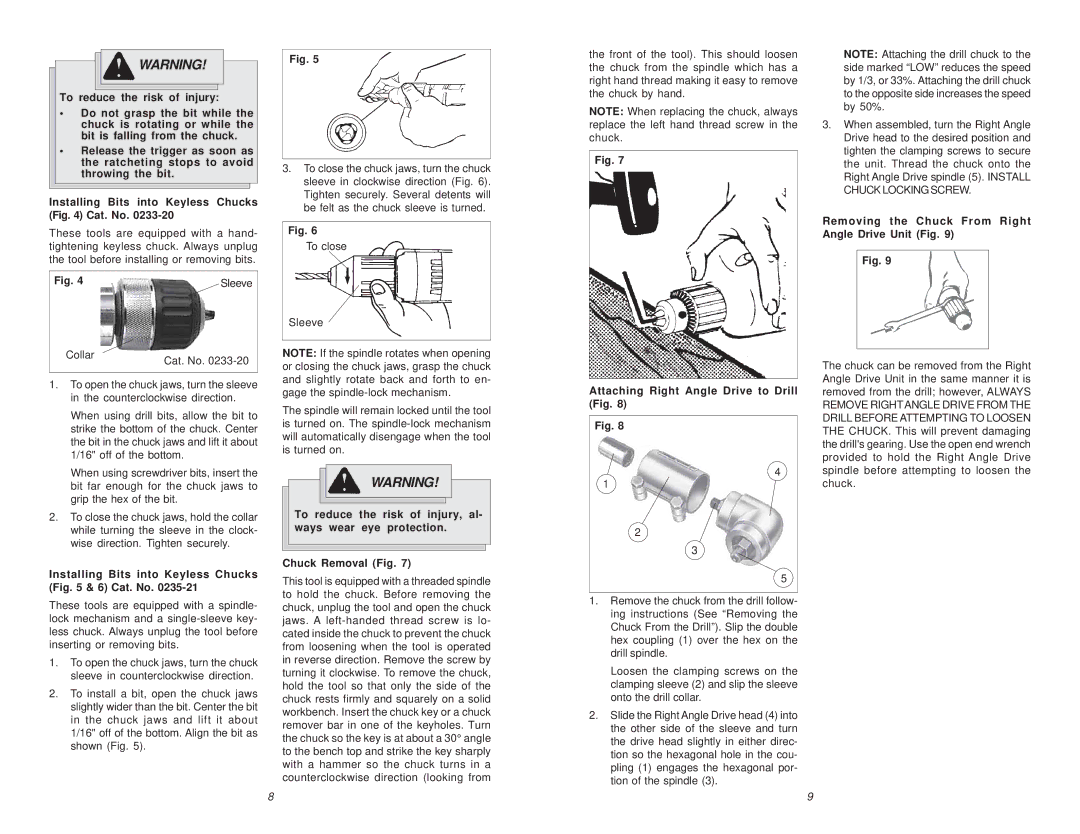 Milwaukee 0233-20, 6/1/0234, 1/1/0244, 0235-6, 0234-6, 0244-1 Collar Cat. No, Installing Bits into Keyless Chucks & 6 Cat. No 