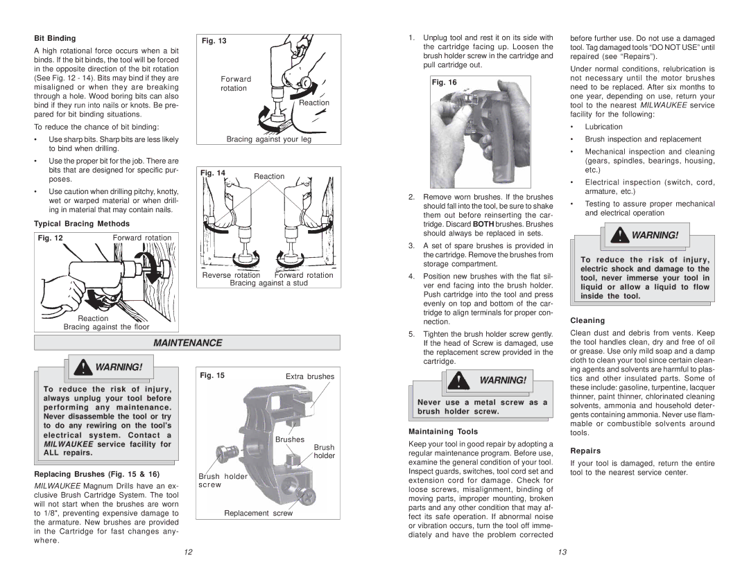 Milwaukee 0234-1, 6/1/0234 manual Maintenance, Bit Binding, Typical Bracing Methods Forward rotation, Extra brushes, Repairs 