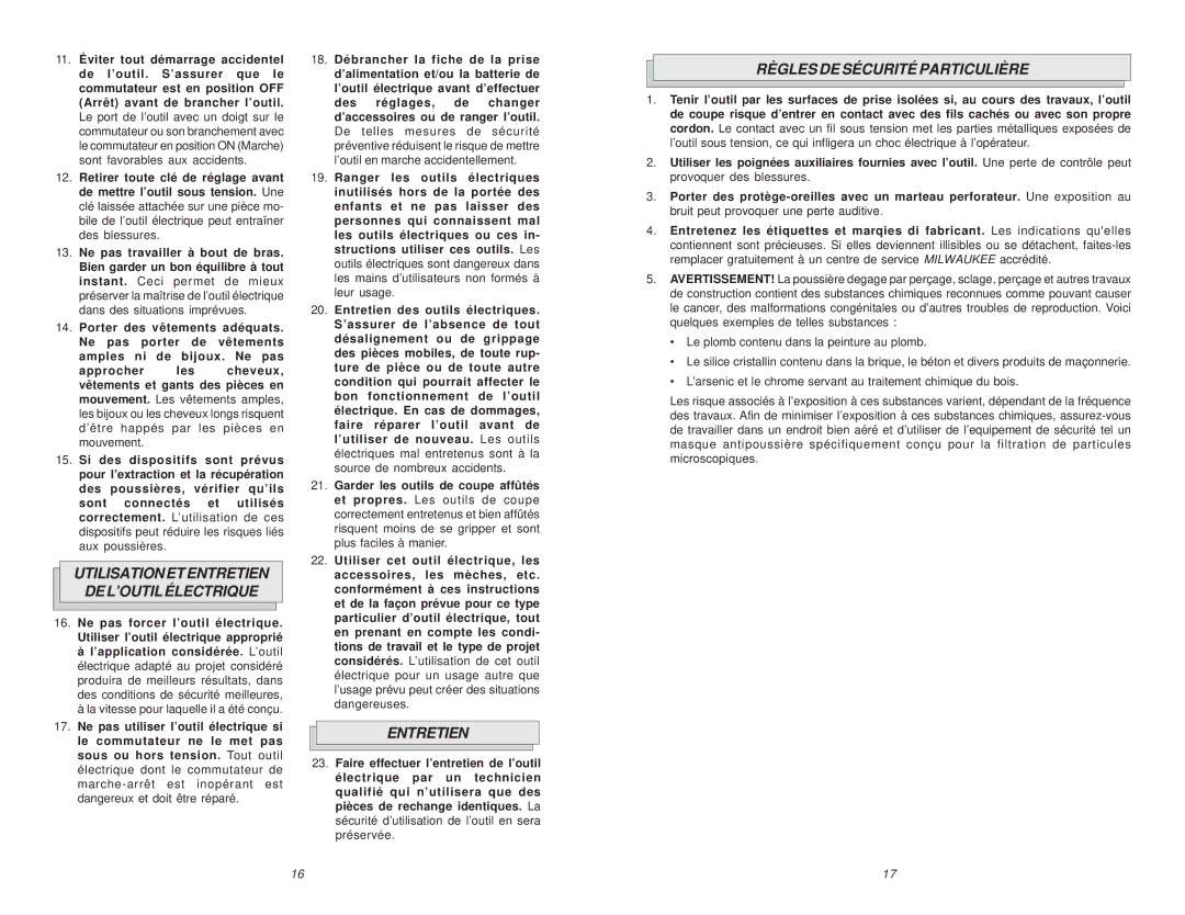 Milwaukee 6/1/0234, 1/1/0244, 0235-6 Utilisationetentretien DEL’OUTILÉLECTRIQUE, Entretien, Règles DE Sécurité Particulière 
