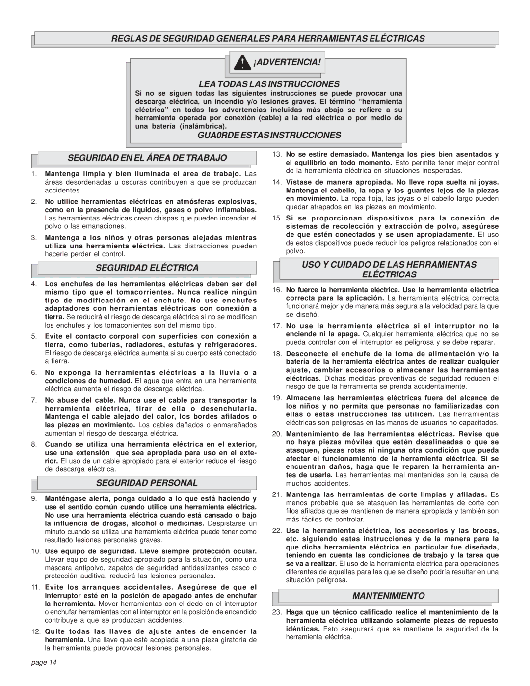 Milwaukee 1/1/1630 GUA0RDE Estas Instrucciones Seguridad EN EL Área DE Trabajo, Seguridad Eléctrica, Seguridad Personal 