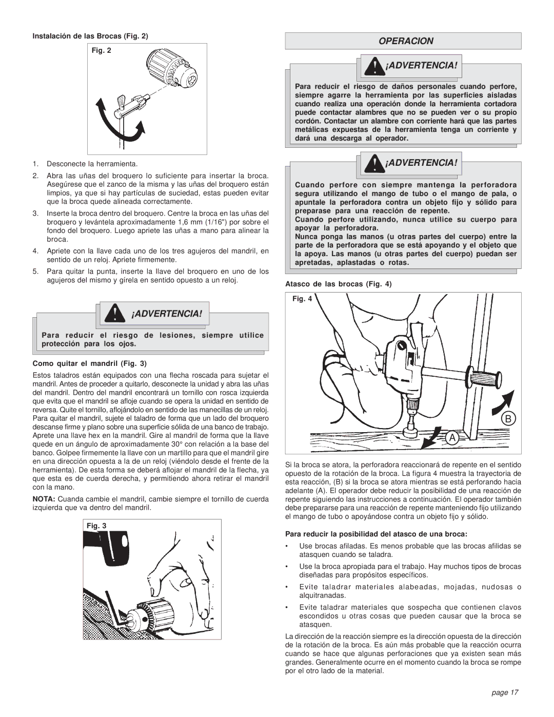 Milwaukee 1663-20, 6/1/1660, 1/1/1630, 1/1/1610 manual Operacion ¡ADVERTENCIA, Instalación de las Brocas Fig 